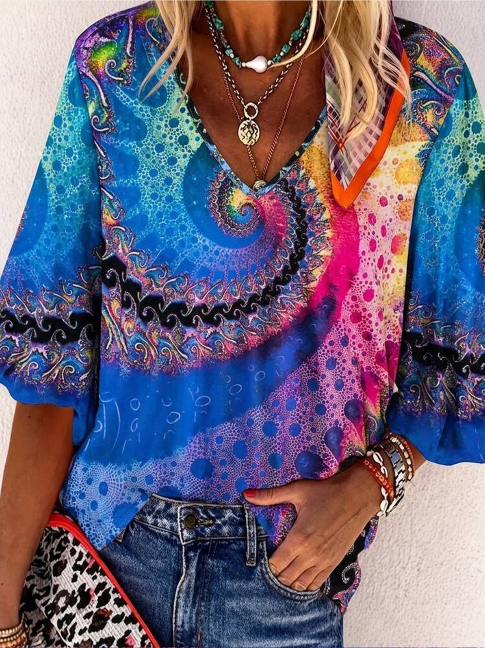 SHEIN Bohemian Spiral Print V-Neck Blouse-NWOT